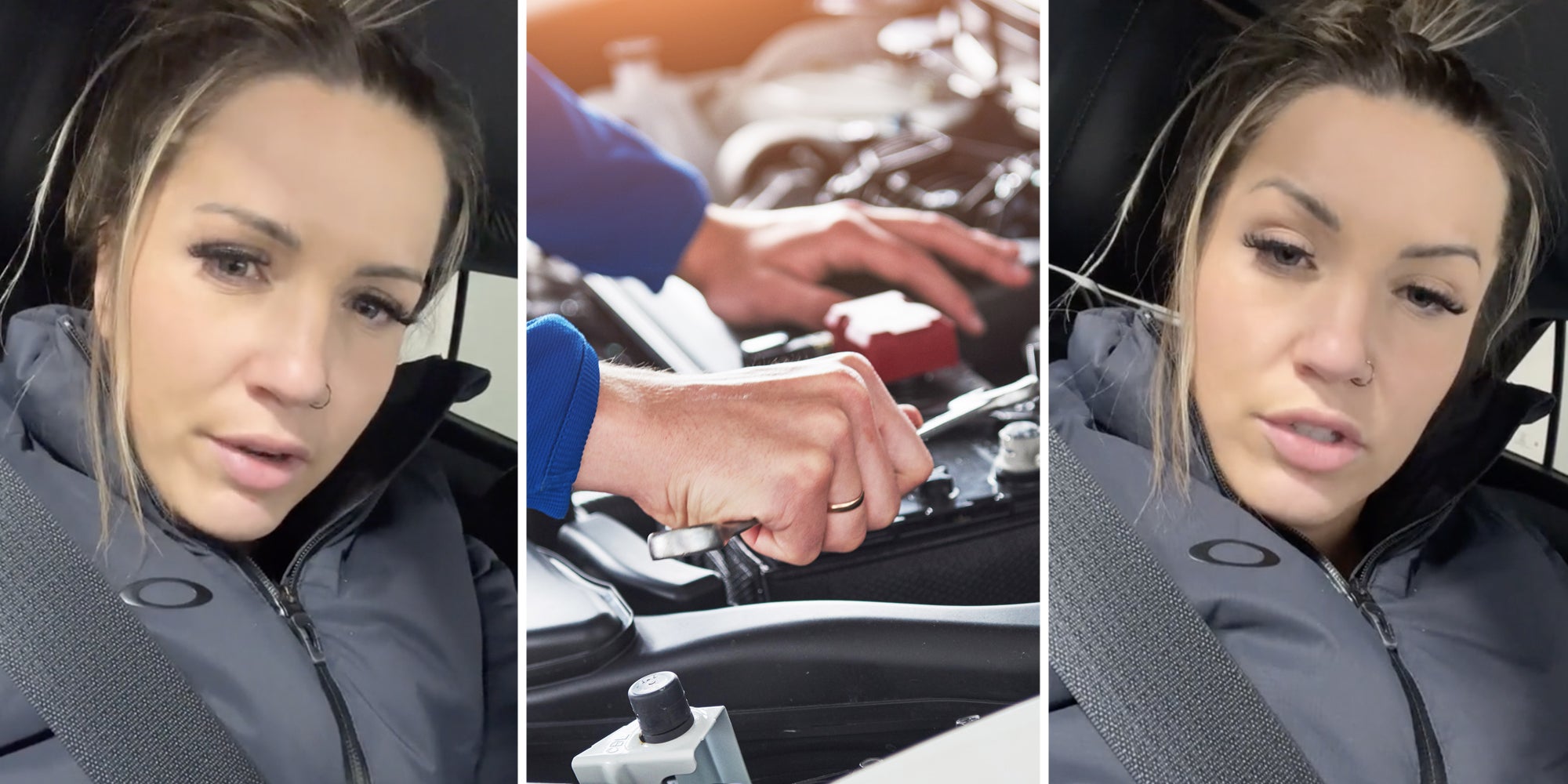 Woman talking(l+r), Car mechanic(c)