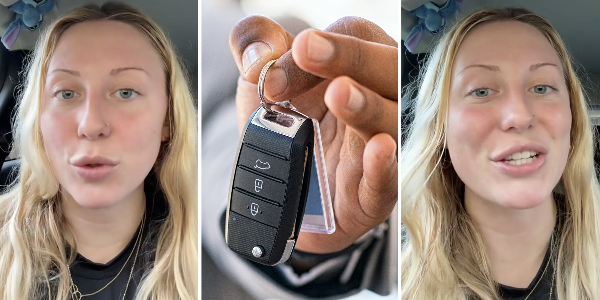 Woman talking(l+r), Hand holding car keys(c)