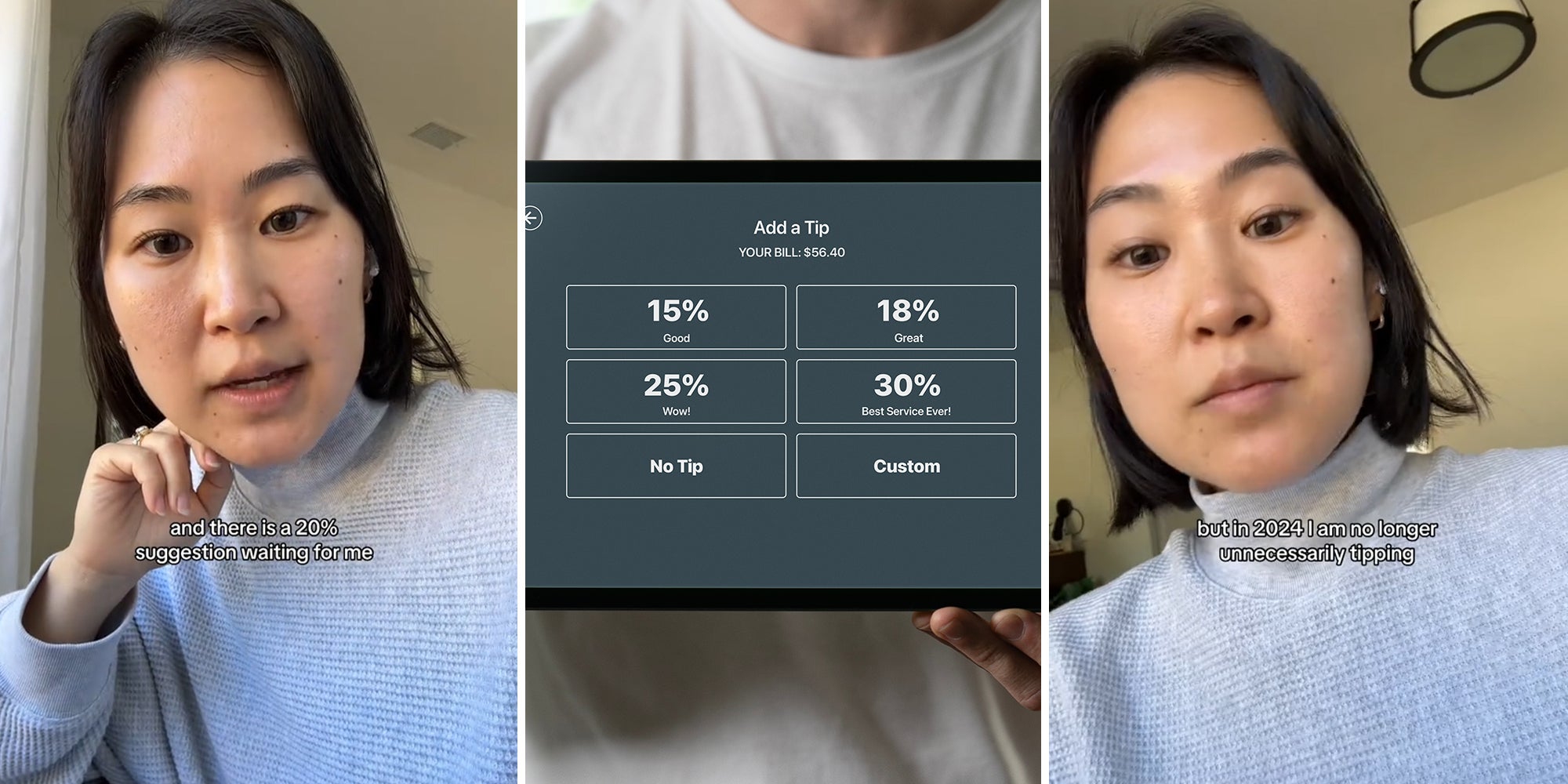 Woman picks out greeting card at grocery store and heads to self-checkout and the register asks for a 20% tip