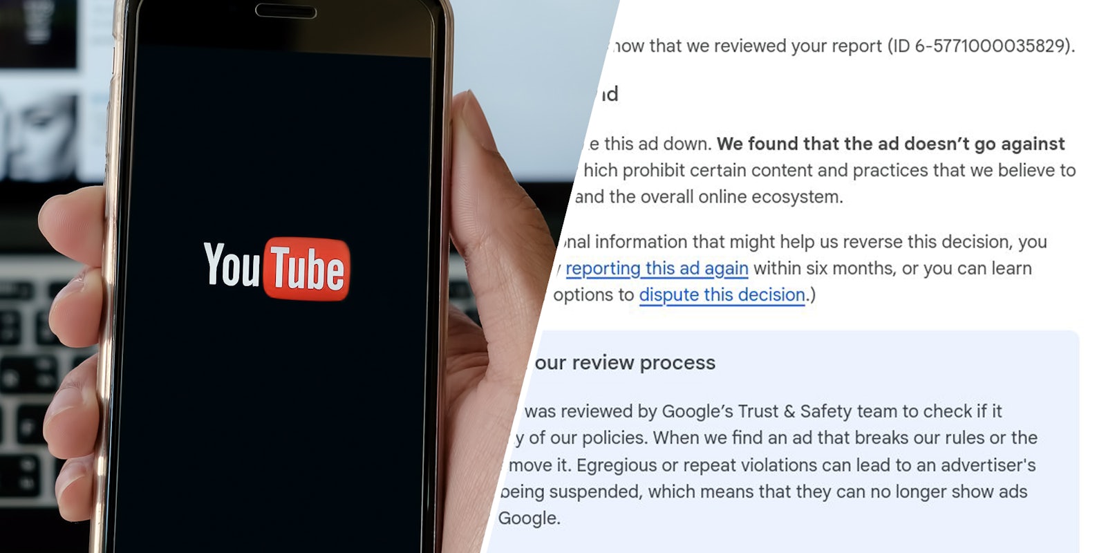 Hand holding phone open to youtube(l), Review process response(r)