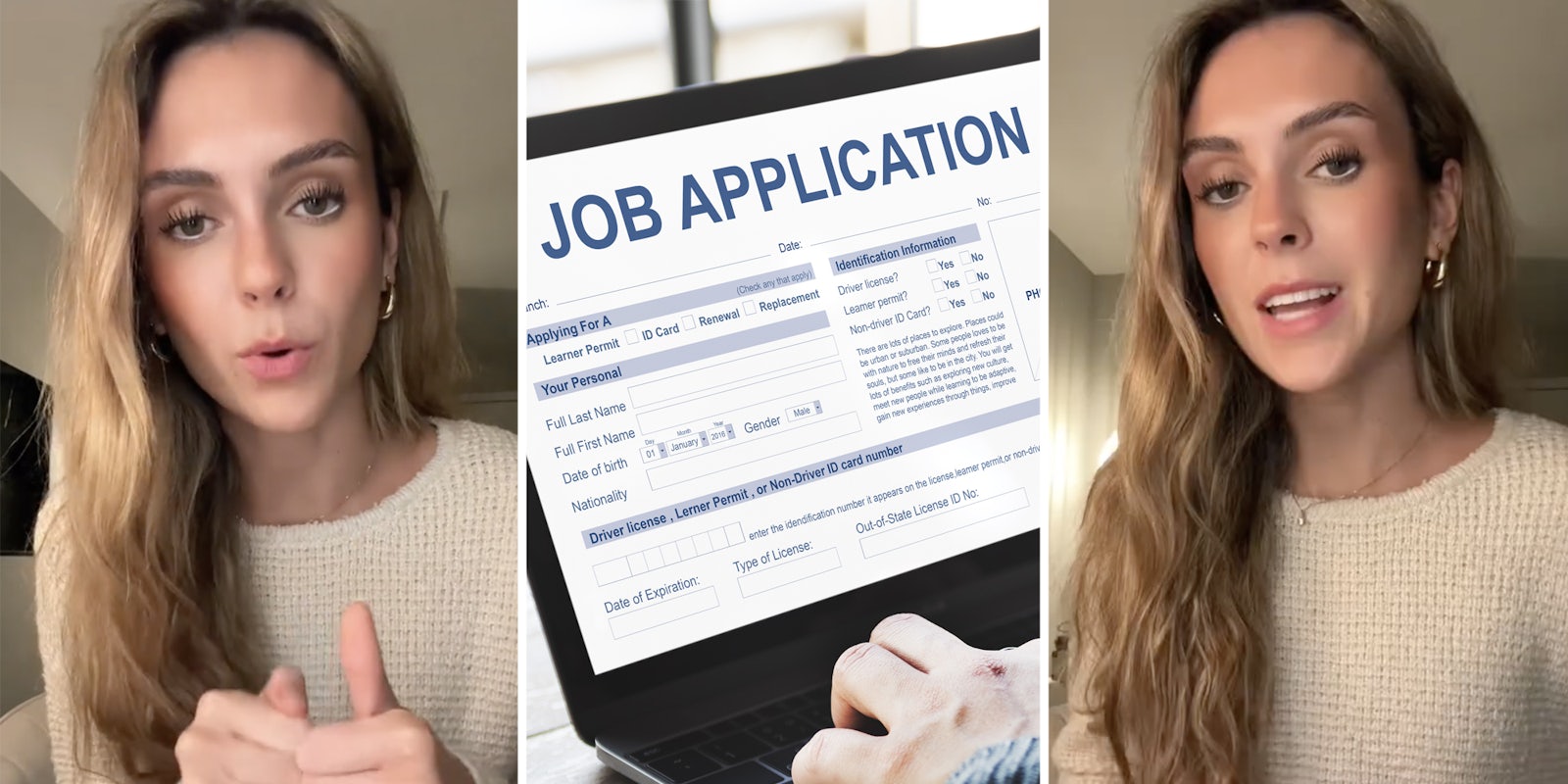 Woman talking(l+r), Hand typing in Job application on computer