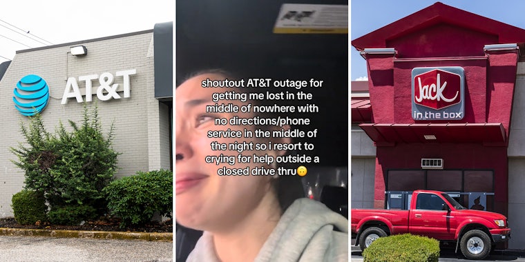 Woman cries at closed Jack in the Box drive-thru after getting lost during the AT&T outage