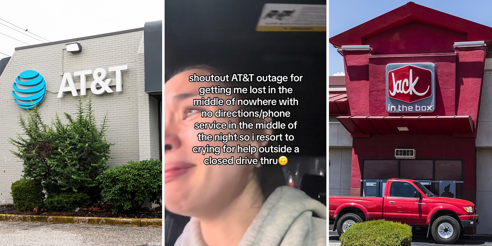 Woman cries at closed Jack in the Box drive-thru after getting lost during the AT&T outage