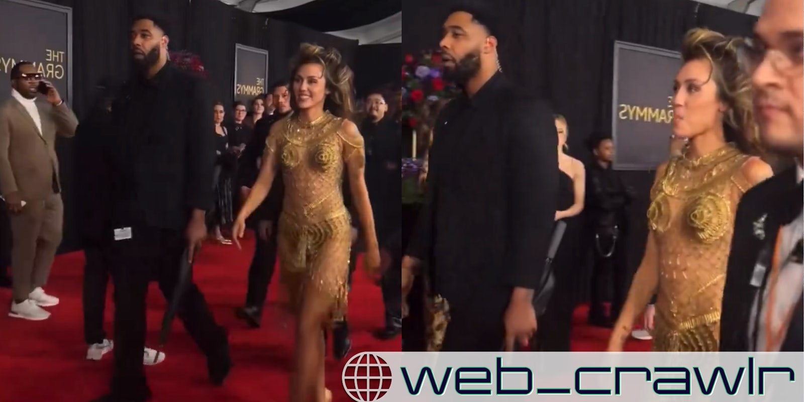 Screenshots of Miley Cyrus at the Grammy Awards next to a bodyguard holding an umbrella. The Daily Dot newsletter web_crawlr logo is in the bottom right corner.