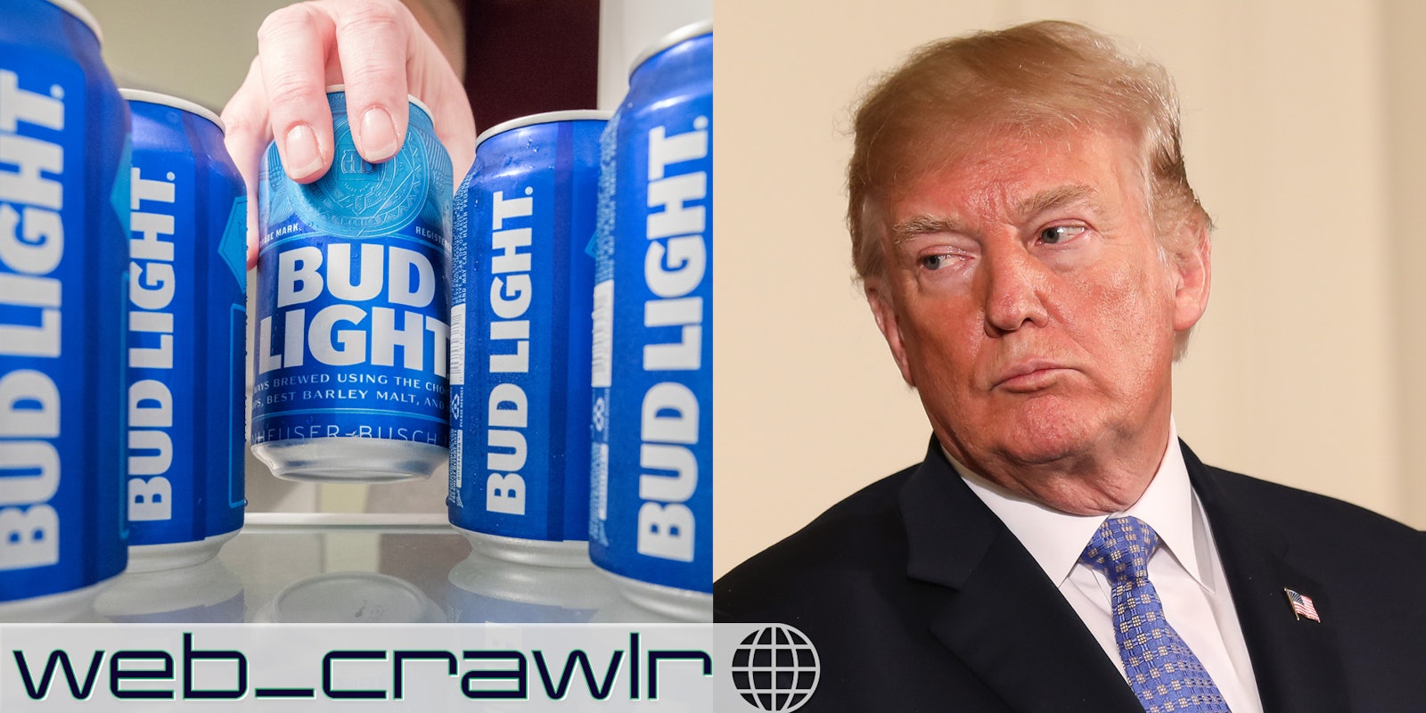 A person picking up a Bud Light next to Donald Trump staring at it. The Daily Dot newsletter web_crawlr logo is in the bottom left corner.