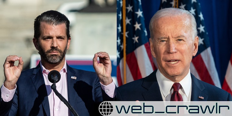 A side-by-side of Donald Trump Jr. and Joe Biden. The Daily Dot newsletter web_crawlr logo is in the bottom right corner.