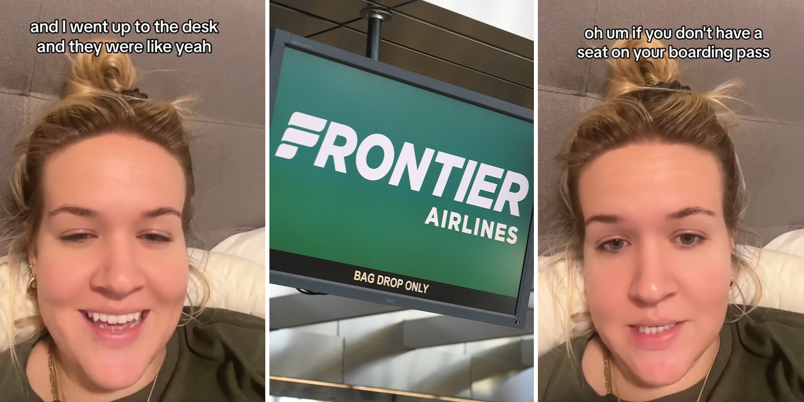 Frontier Airlines customer books a flight but forgets to select a seat online. She can't believe what the front desk tells her