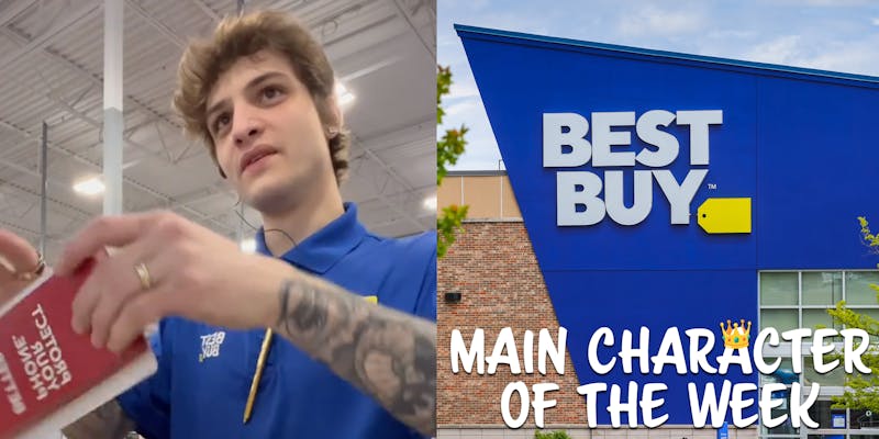 A Best Buy employee and a Best Buy store. There is text that says "Main Character of the Week" in the bottom right corner.
