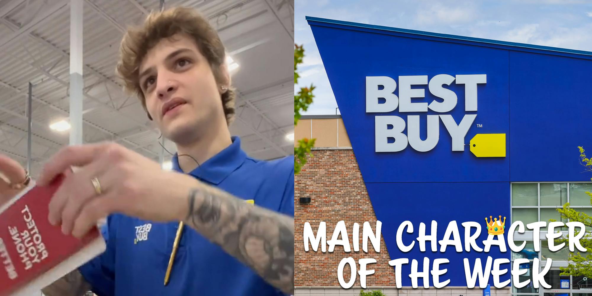 A Best Buy employee and a Best Buy store. There is text that says 'Main Character of the Week' in the bottom right corner.