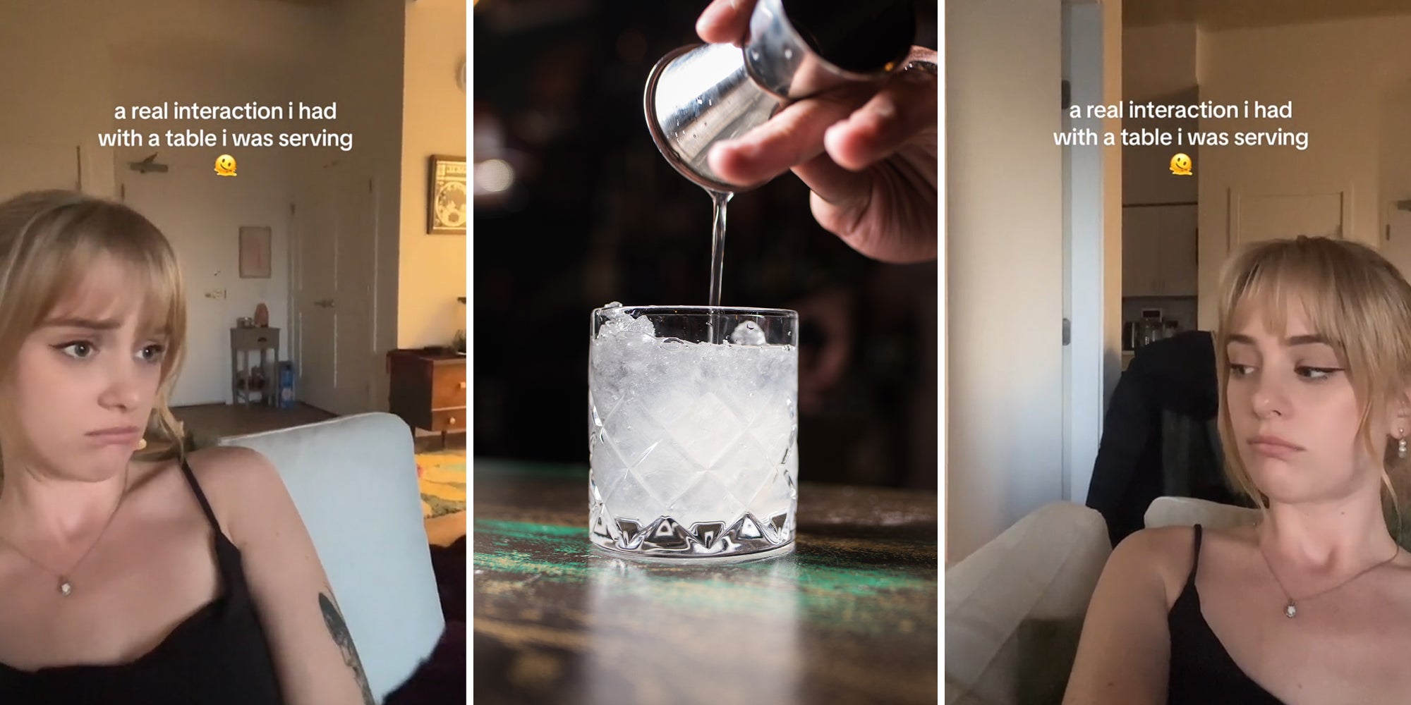 Customer asks bartender for a vodka soda, orders a completely different drink based on her requests