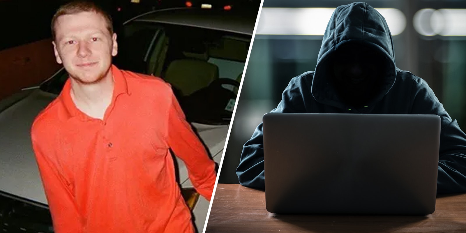 Aaron Bushnell(l), Faceless person in hoodie on laptop(r)