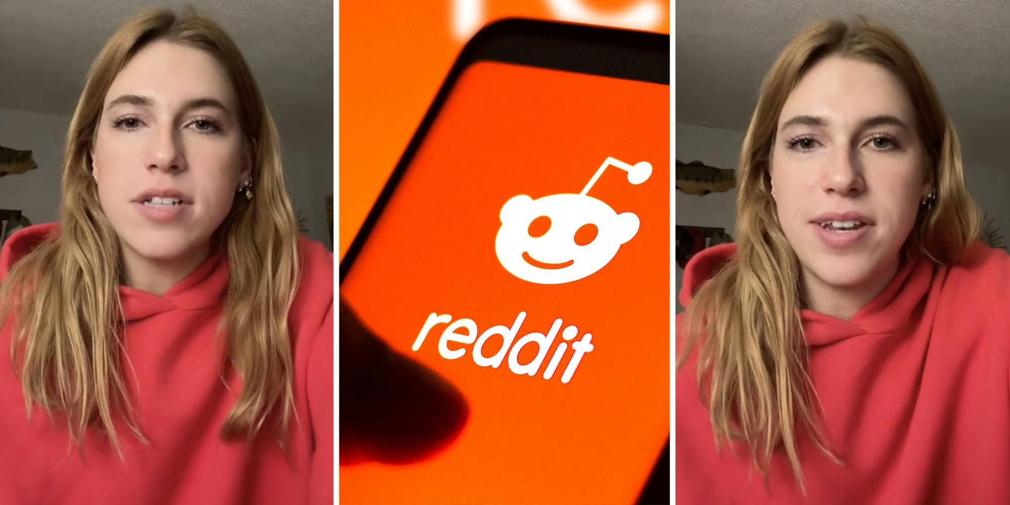 Woman talking(l+r), Hand holding phone with reddit app(c)