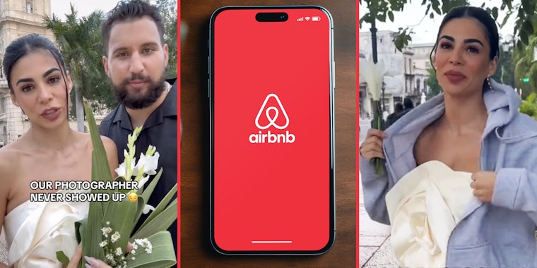 Couple with flowers(l), Phone with Airbnb app(c), Woman wearing hoodie over dress(r)