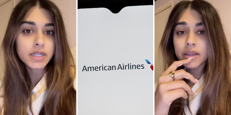 Woman talking(l+r), Phone with American Airlines app(c)