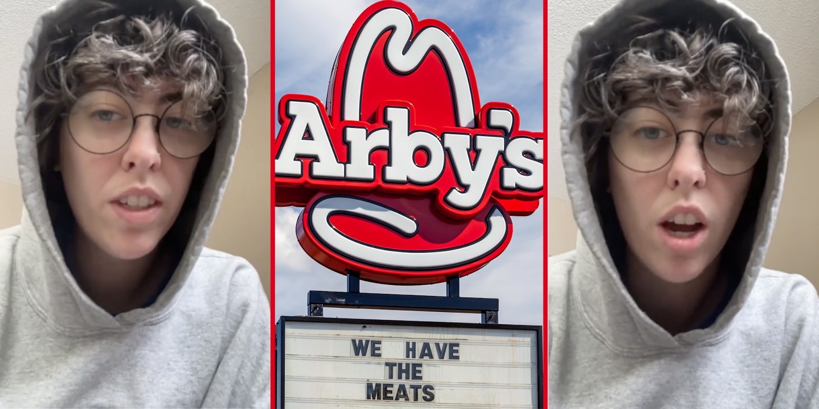 Person talking(l+r), Arby's sign(c)