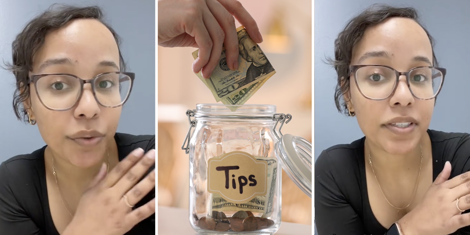 Woman talking(l+r), Hand putting money in tip jar(c)