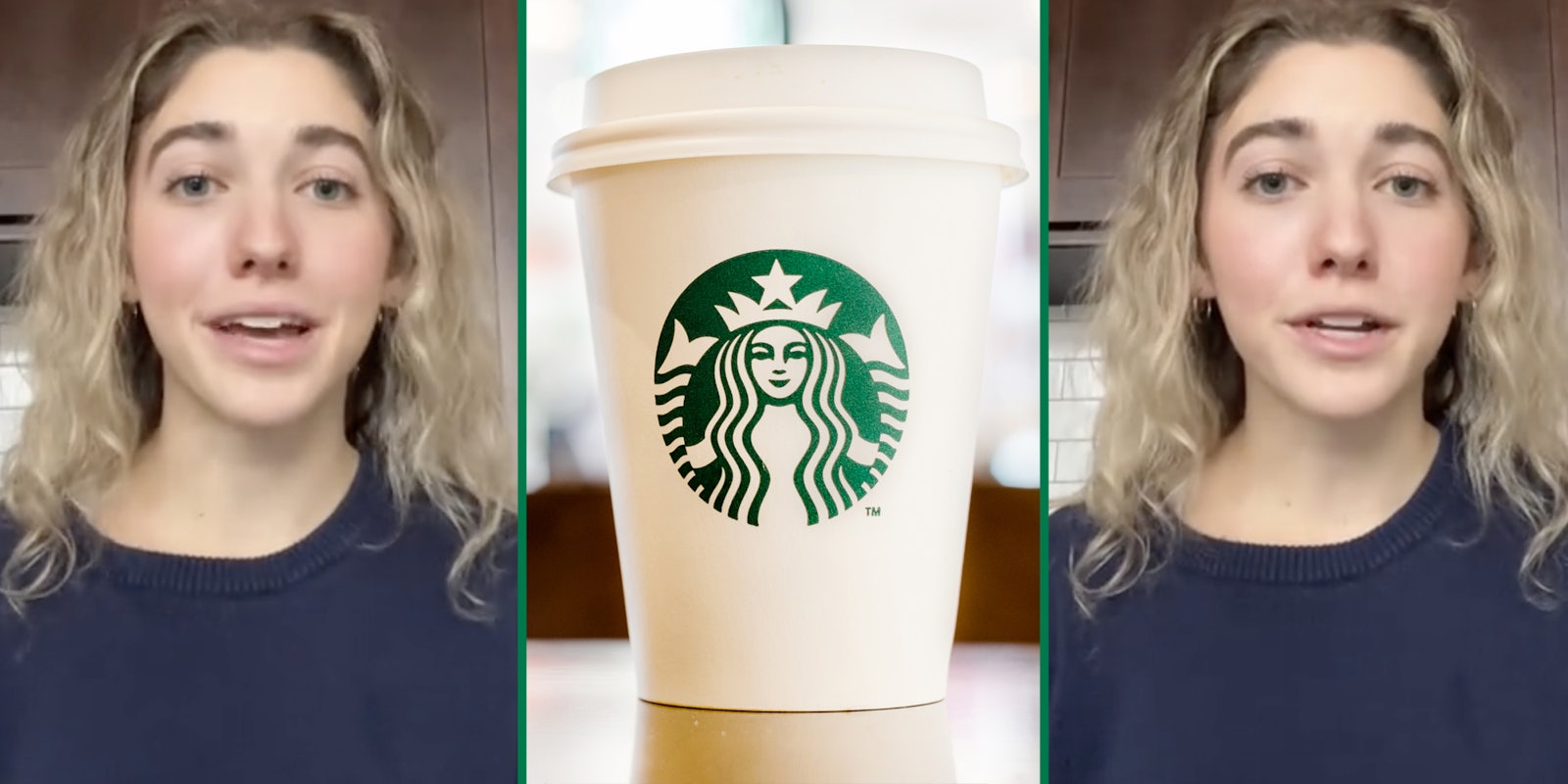 Woman talking(l+r), Starbucks cup(c)