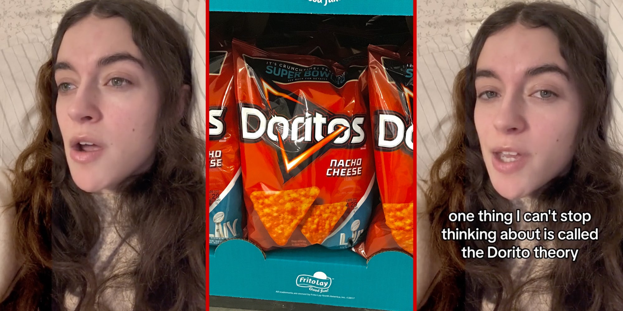 Woman talking(l+r), Doritos bags(c)