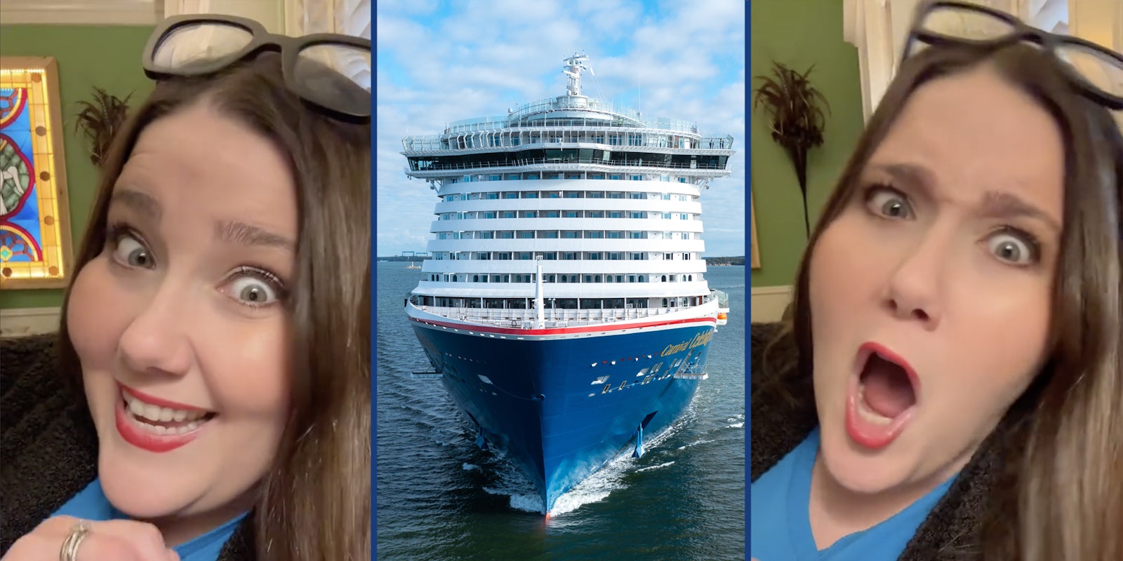 Woman talking(l+r), Cruise ship(c)
