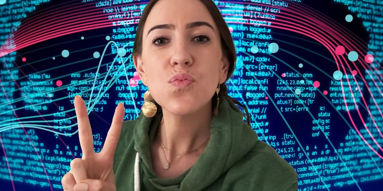 Woman showing off peace fingers with graphic background