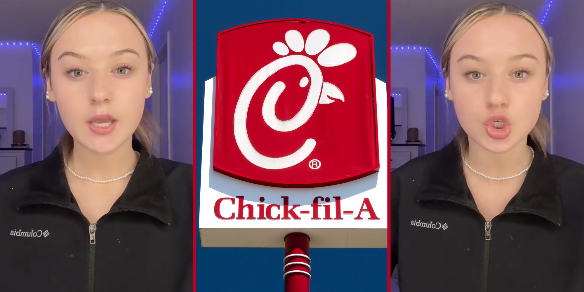 Woman talking(l+r), Chick-fil-a(c)