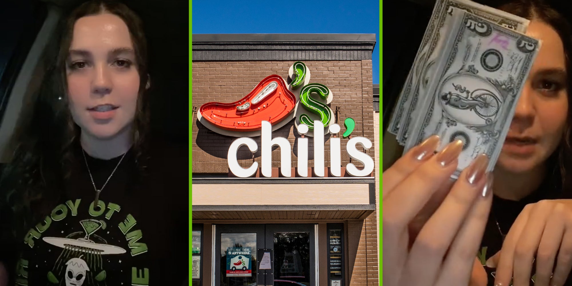Woman talking(L), Chili's storefront(c), Hand holding up chilibucks(r)