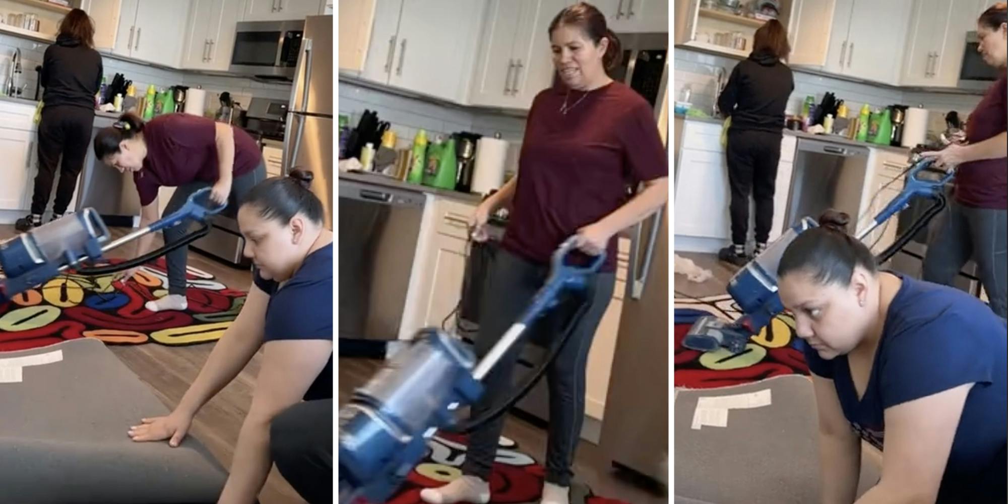 Women cleaning apartment (three split)