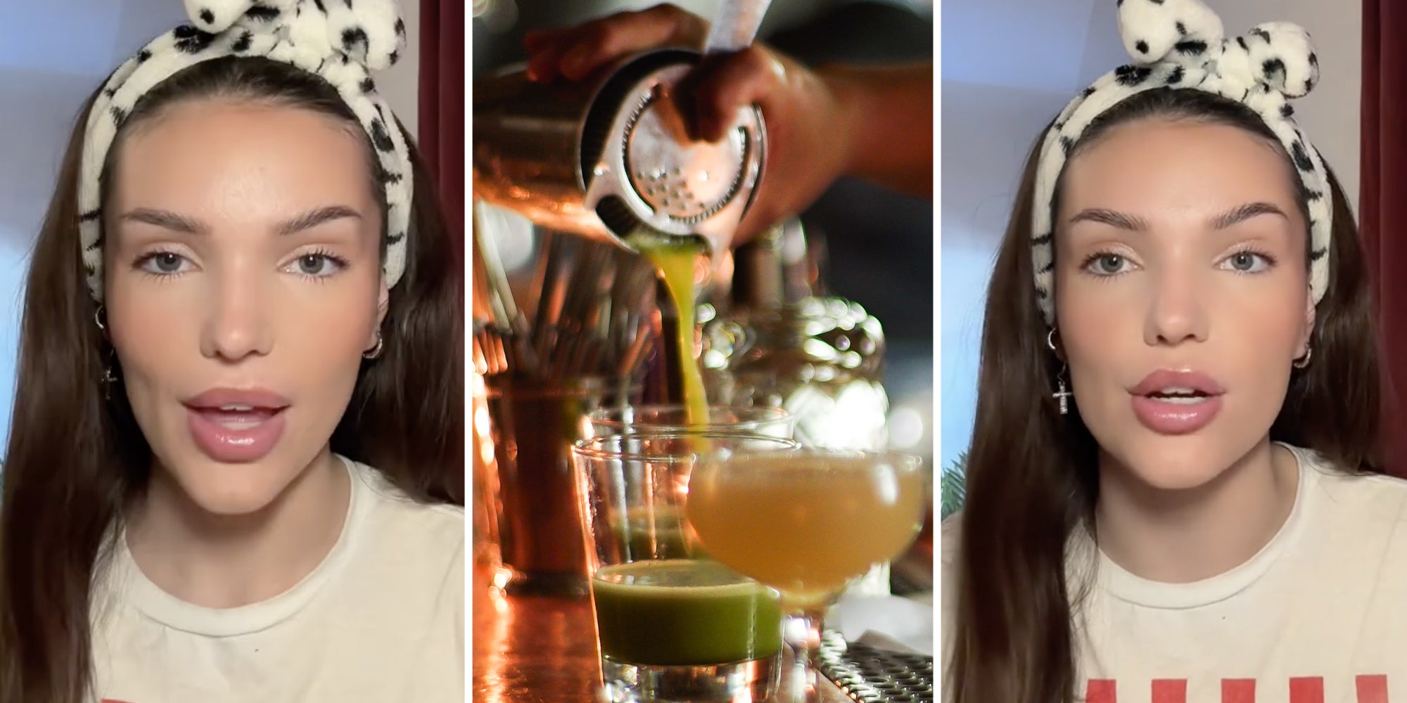 Woman talking(l+r), Bartender pouring drinks(c)