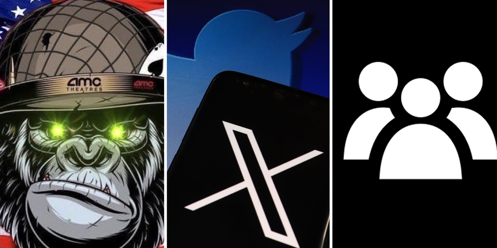 Ape in army helmet(l), X app on phone with twitter logo in background(c), Three simple figures(r)