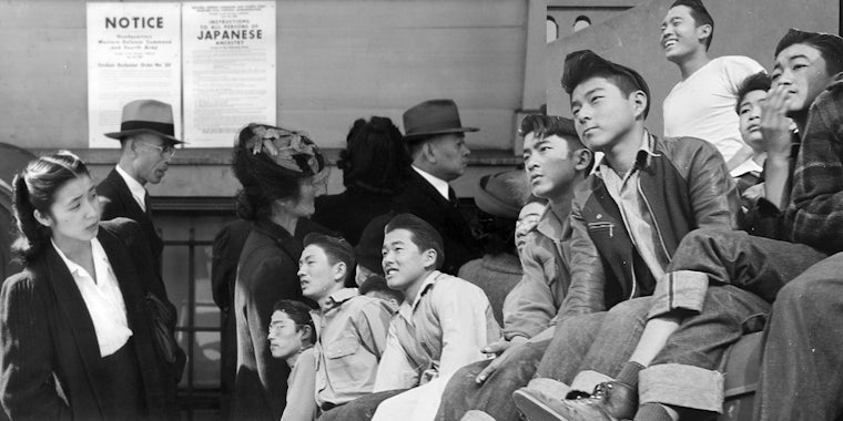 Japanese Americans in front of posters with internment orders(l), Rohwer Relocation Center, McGehee, Arkansas. A tense moment in a football game between Stockton and Santa Anita teams, find spectators perched everywhere.(r)