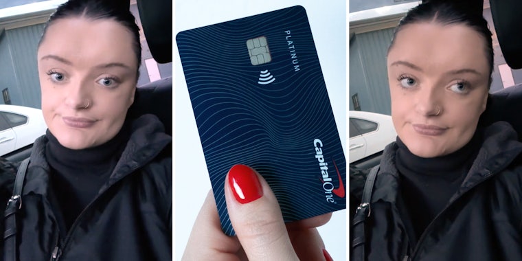 Woman looking upset(l+r), Hand holding credit card(c)