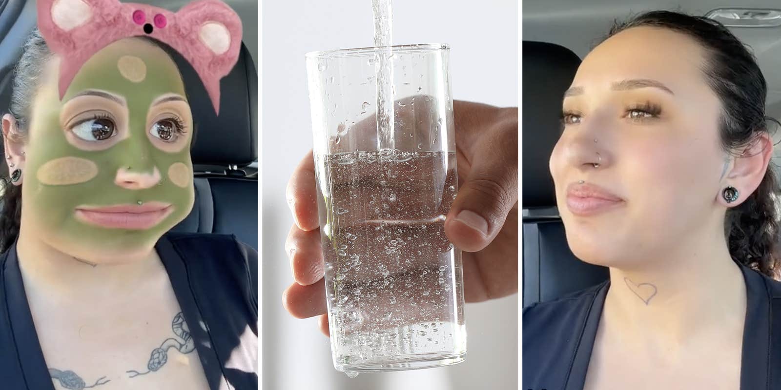 Woman with facemask filter(l), Hand filling up glass with water(c), Same woman without filter(r)