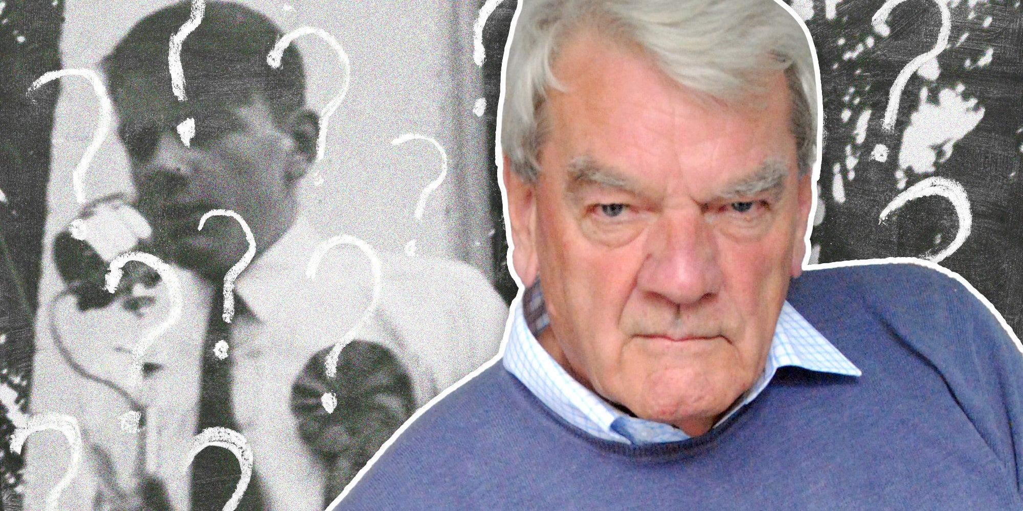 David Irving in 2012 over himself speaking in 1955 overlayed with question marks