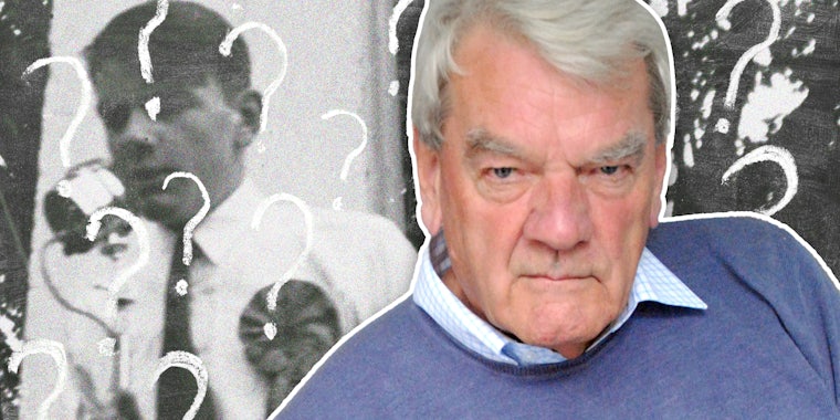 David Irving in 2012 over himself speaking in 1955 overlayed with question marks