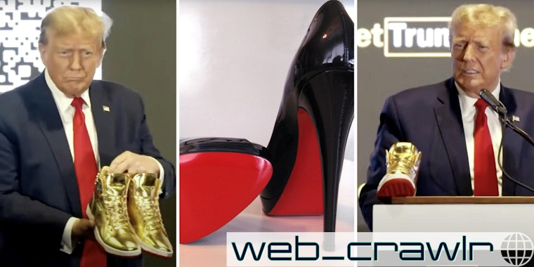 Donald Trump showing off sneakers(l+r), Louboutin heels(c)