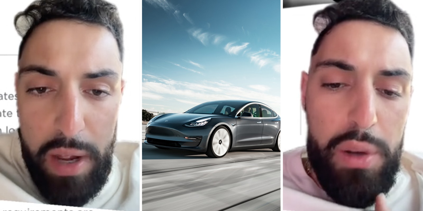 Man talking(l+r), Tesla car(c)