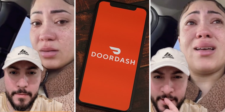 Woman talking with man in front of her(l+r), Doordash app on phone(c)