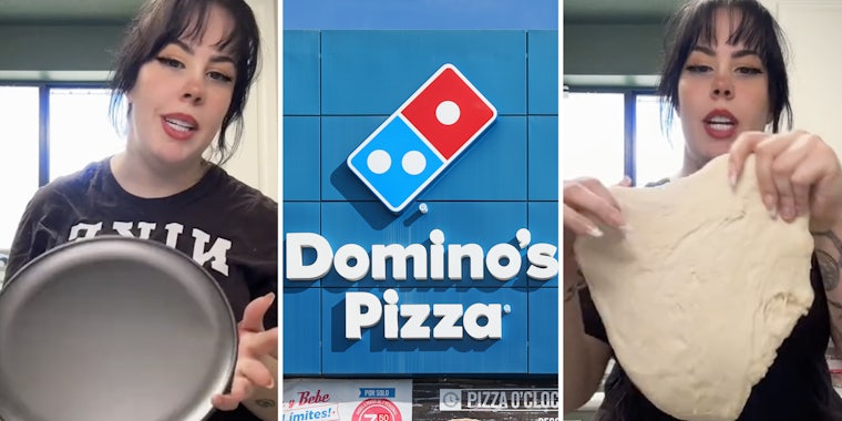 Woman with pizza pan(l), Domino's pizza(c), Woman stretching dough(r)