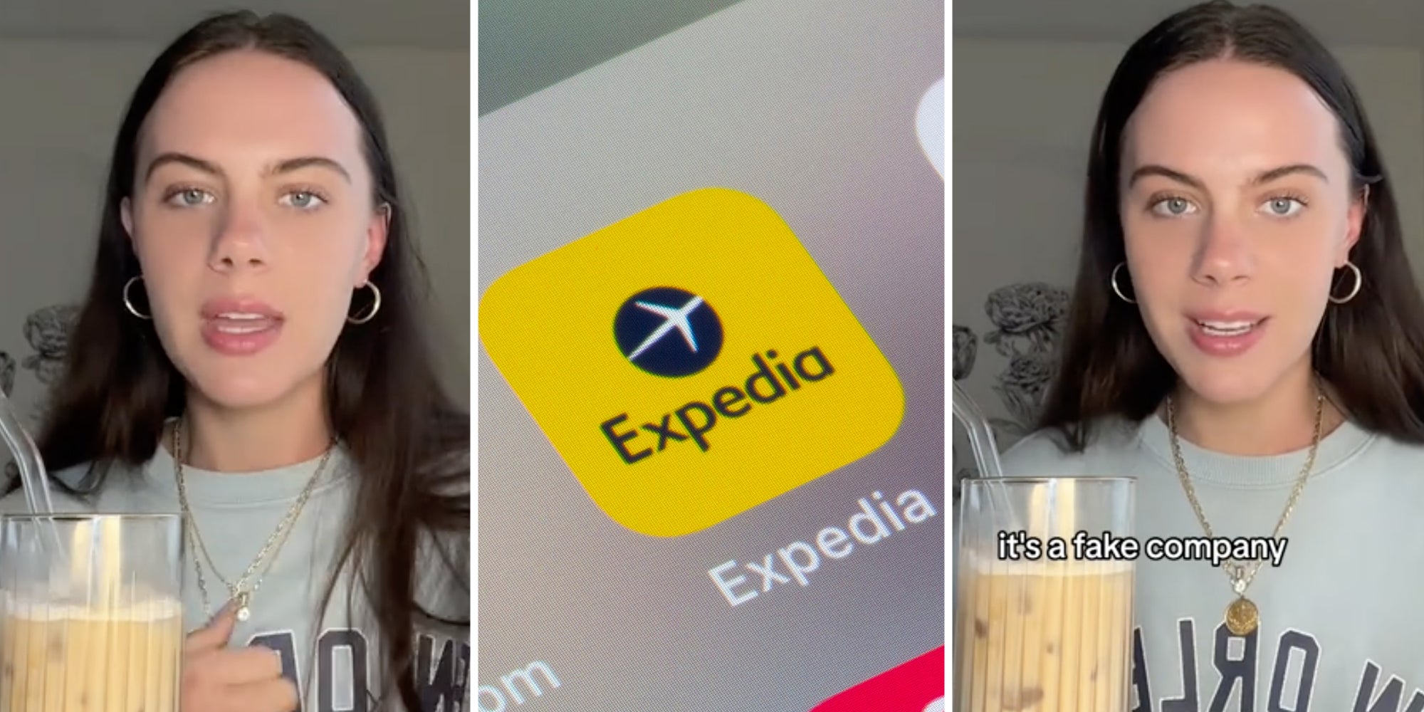 Woman talking(l+r), Expedia App(c)