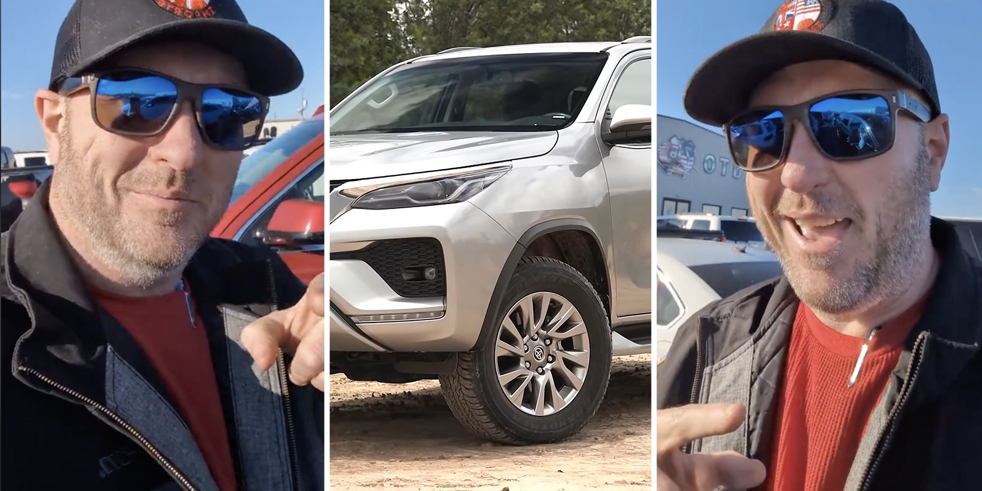 Man talking(l+r), SUV(c)