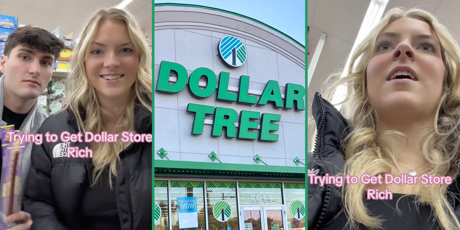 Man and woman with beef jerky(l), Dollar Tree storefront(c), Woman looking surprised(r)