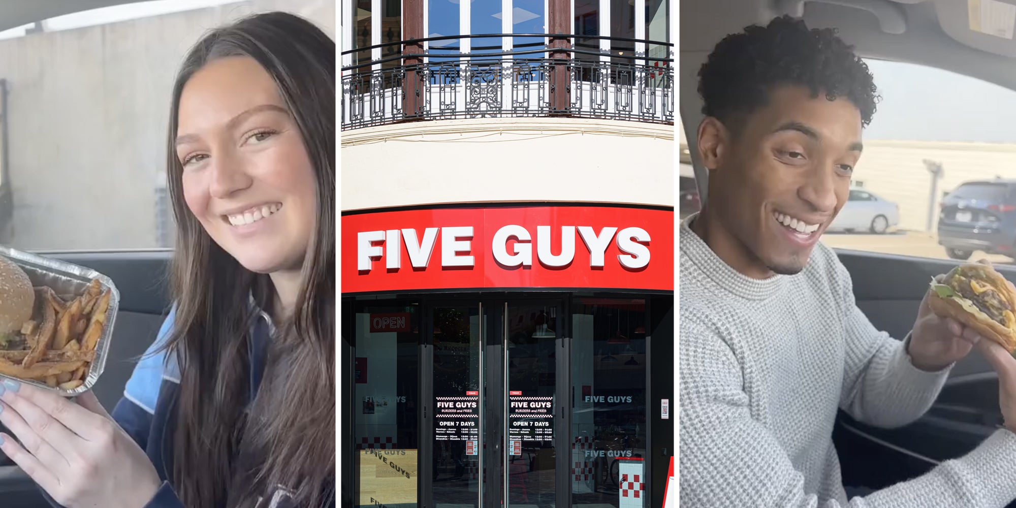 Woman with burger(l), Five Guys(c), Man with burger(r)