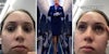 Woman looking annoyed(l+r), Flight attendant walking down aisle(r)