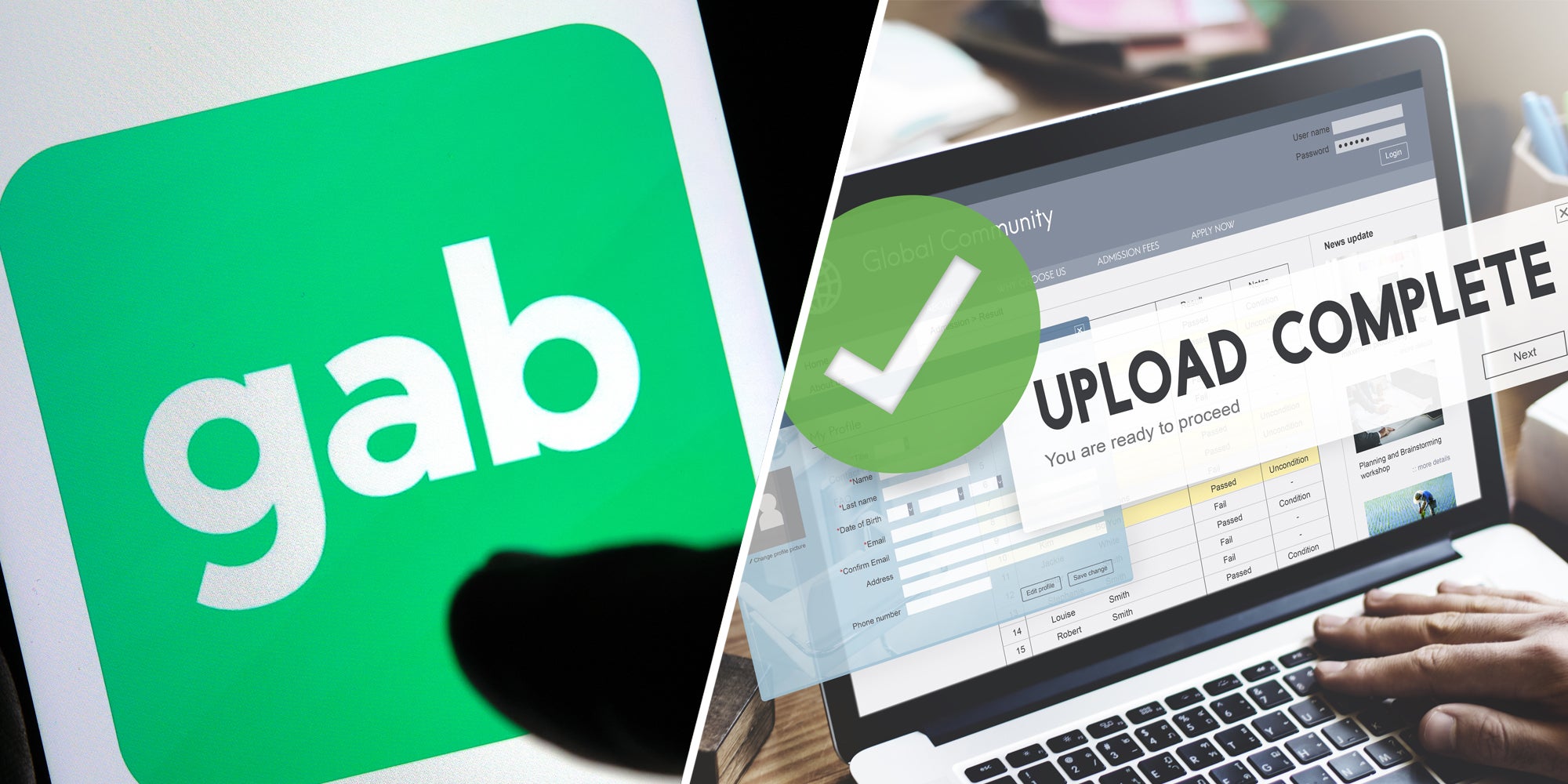 Gab app(l), Upload complete on computer(r)
