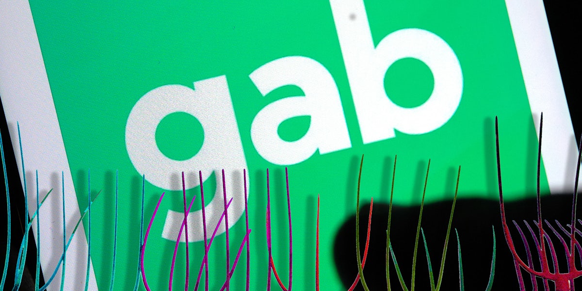 Gab app with pitchforks in front of it