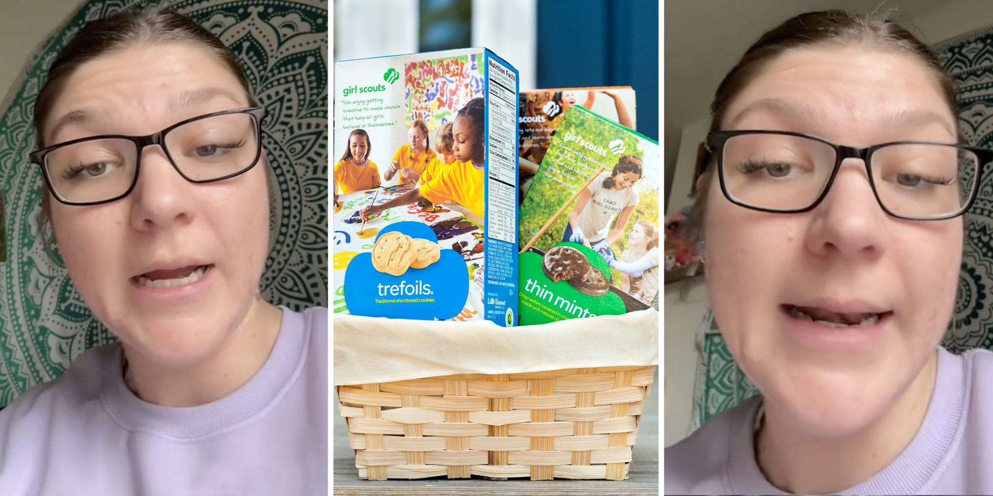 Woman talking(l+r), Girl Scout cookies(c)