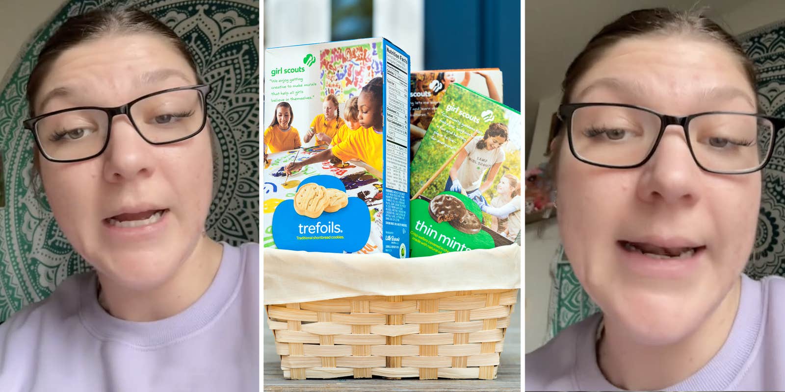 Woman talking(l+r), Girl Scout cookies(c)