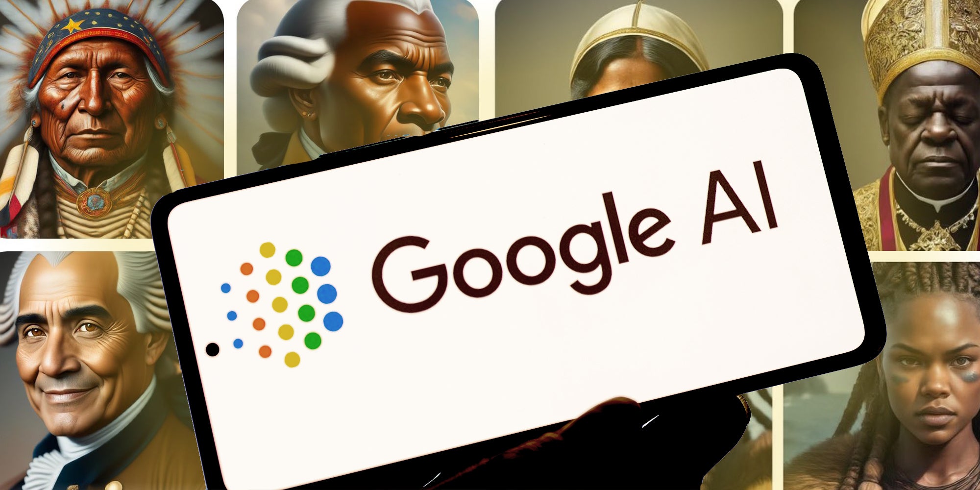 Hand holding phone with google ai open and background of ai images