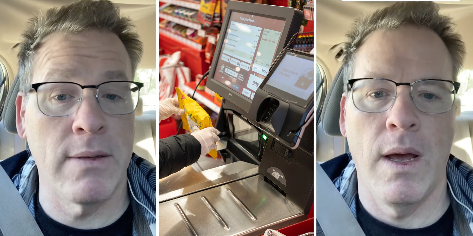 Man talking(l+r), Hands using self checkout(c)