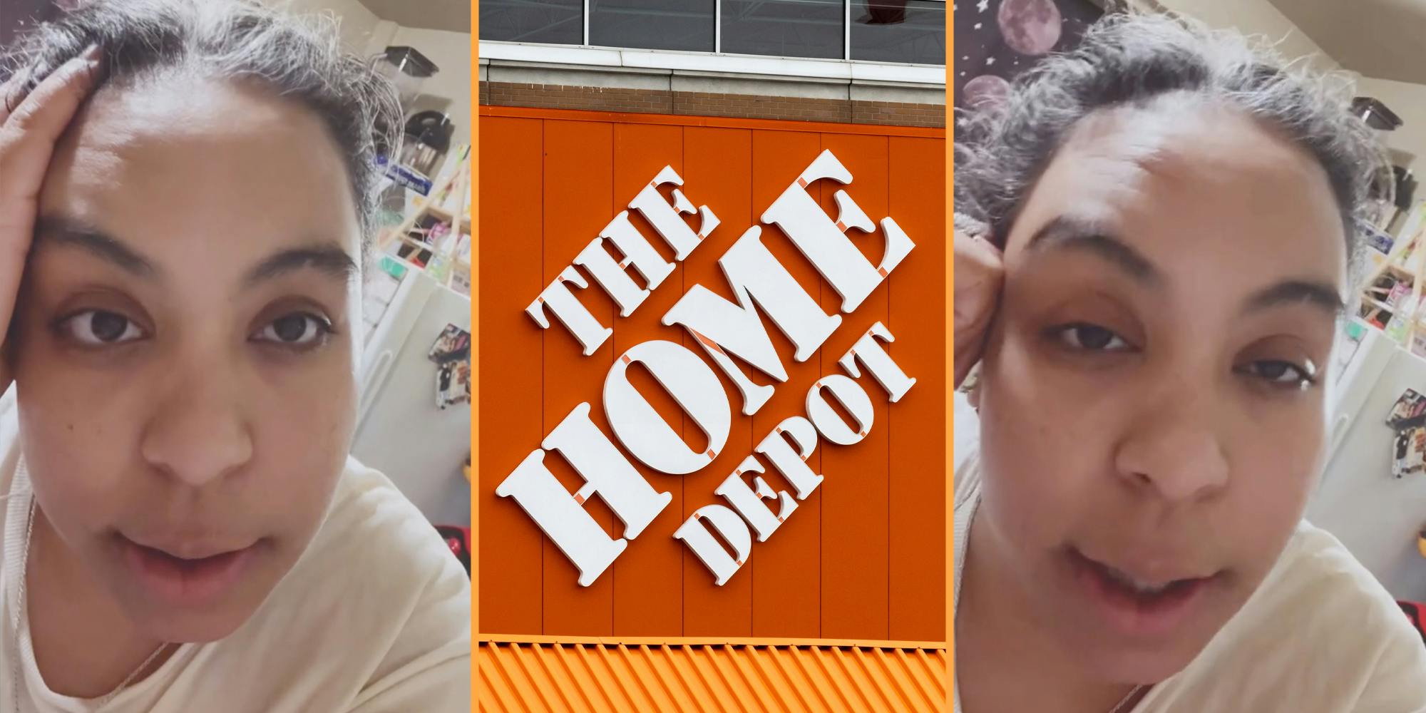 Woman talking(l+r), The Home Depot sign(c)